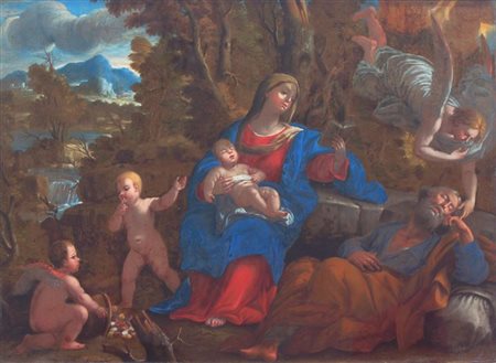 SCUOLA DI LUCA GIORDANO "Madonna con Bambino e angeli" 48x61 olio su vetro