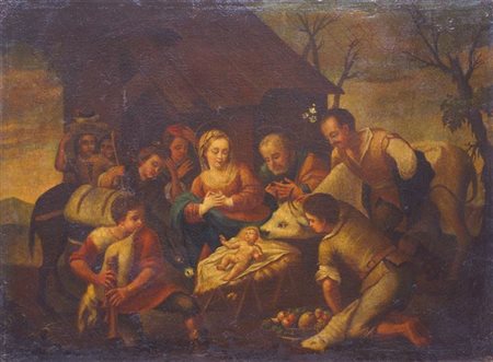 PITTORE DI AREA LOMBARDO-VENETA INIZI XVIII SECOLO "Natività" 73x98 olio su tela