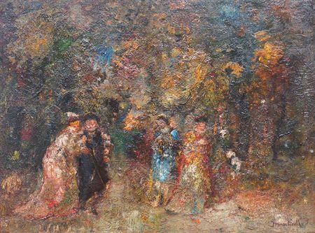 MONTICELLI ADOLPHE Marsiglia 1824-1886 "Passeggiata nel parco" 42x57 olio su...