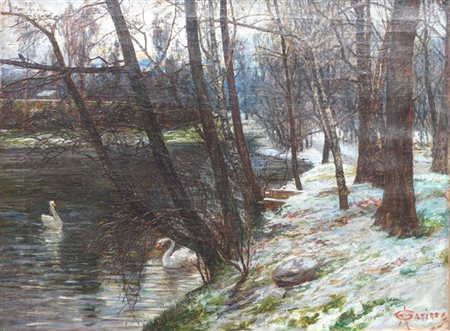 GARINO ANGELO Torino 1860 - 1945 "Poesia invernale" 72x95 olio su tela Opera...