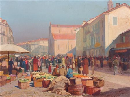 BOETTO GIULIO Torino 1894 - 1967 "Mercato a Saluzzo" 1939 76x100 olio su...