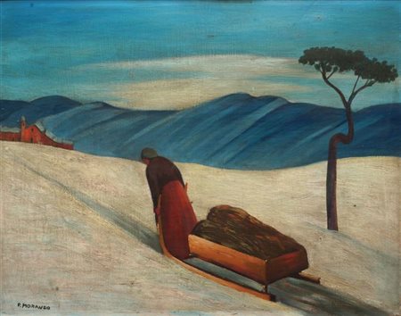 MORANDO PIETRO Alessandria 1892 - 1980 "La slitta" 1933 60x75 olio su tavola...