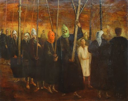 LEPRI STANISLAO Roma 1905 - 1980 Parigi "La processione" 1959 64x80 olio su...