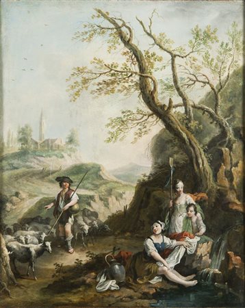 HUET JEAN BAPTISTE Parigi 1745 - 1811 "Paesaggio collinare con pastore e il...