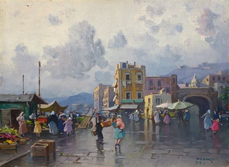 DECORSI NICOLA 1882-1956 "Mercato" 1919 30x40 olio su tavoletta Opera firmata...