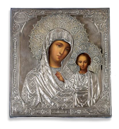 ICONA H. cm 36x31 Russia, XIX secolo, raffigurante la Vergine con il Bambino....