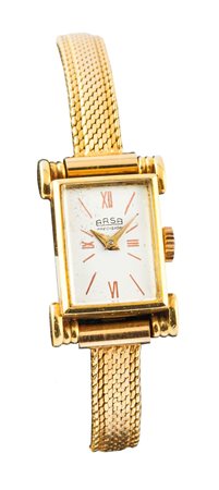 ARSA Orologio gioiello, anni '40 Cassa di forma in oro giallo in due corpi;...