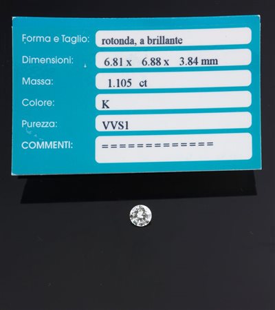 DIAMANTE IN CARTINA taglio brillante di ct 1,105, colore K, purezza VVS1...