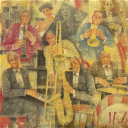 Remo Squillantini Stia (Ar) 1920 - 1996 Jazz men Olio su tavola, cm. 100x100...