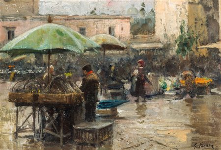 Giovanni Panza (Miseno, 1894 - 1989) Mercato olio su tavola, cm 20x29 firmato...