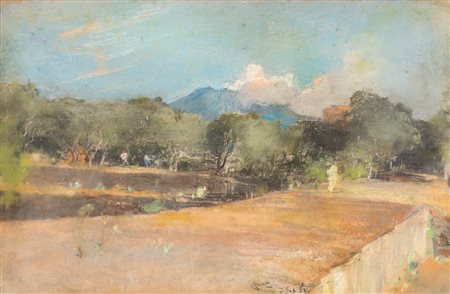 Giuseppe Casciaro (Ortelle, 1863 - Napoli, 1941) Viale alberato pastello su...