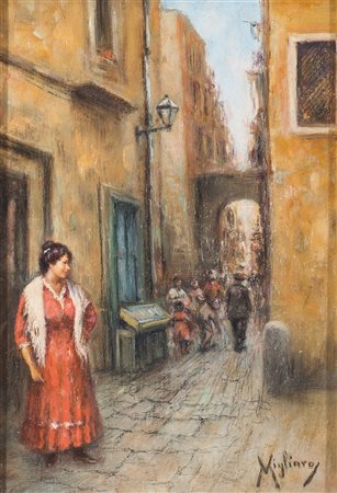 Vincenzo Migliaro (Napoli,1858 - 1938) Vicolo di Napoli olio su tavola, cm...