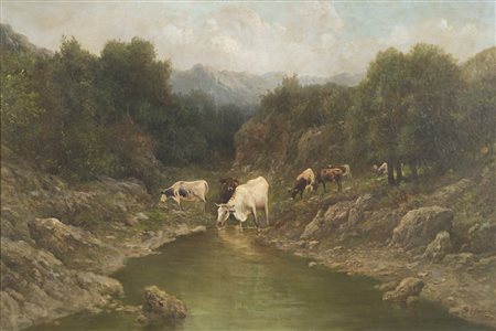 Francesco Capuano (Napoli, 1854-dopo il 1908) Pascolo presso un ruscello olio...