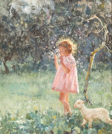 Giovanni Panza (Capo Miseno, 1894 - Napoli, 1989 ) Bambina in giardino con...