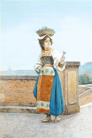 CARLO FERRANTI Italia, 1840-1908 "Popolana con cesto di fiori", acquarello,...