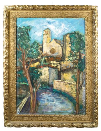 SILVANA MASSATANI Italia, XX Sec. "Paesaggio con scorcio di chiesa", olio su...