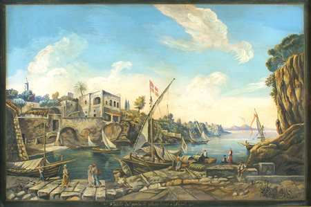 SCUOLA NAPOLETANA XIX Sec. "Veduta del porto di Marechiaro", gouache, entro...