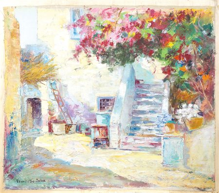 VINCENZO FUNICIELLO 1905-1955 "Cortile di Ischia", olio su tela applicata su...