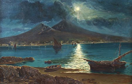 FIRMA INDECIFRABILE XX Sec. "Notturno del golfo di Napoli con il Vesuvio...