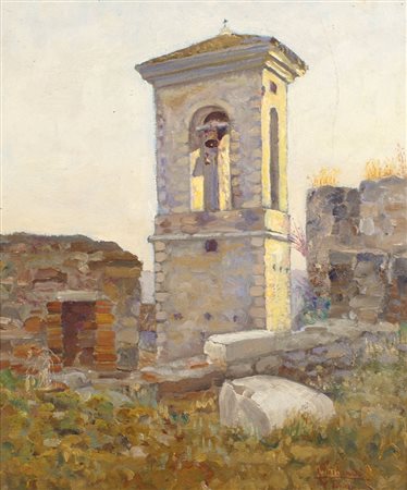 ONORATO CARLANDI Roma 1848 - 1939 "Piccolo campanile a Tivoli", olio su...