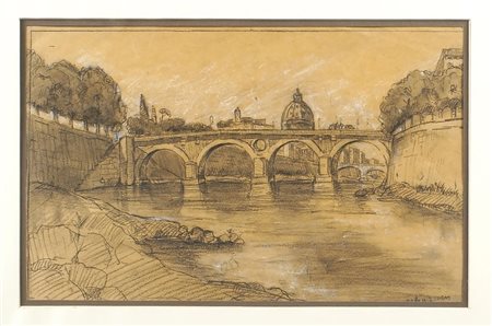 ALBERTO ZIVERI Roma 1908 - 1980 "Lungotevere", disegno a matita, anno 1924,...