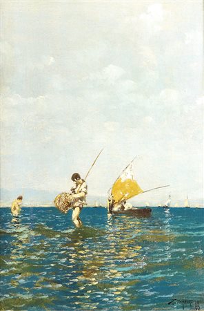 RICCARDO PELLEGRINI, ATTRIBUITO inizio XX Sec. "La pesca", olio su tela,...