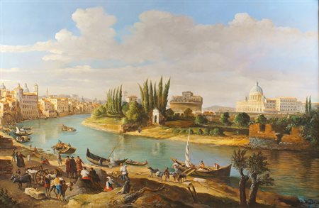 GIUSEPPE DE WINTER XX Sec. "Veduta di Roma dal porto di Ripetta", olio su...