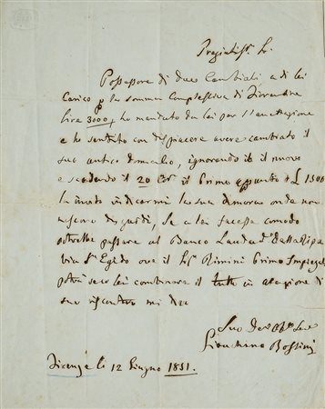 Rossini, Gioacchino Lettera autografa firmata Una pagina in 4°, mm. 272 x...