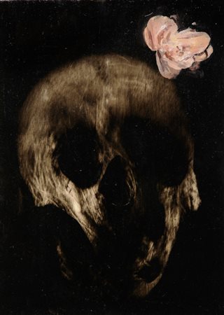 Phil Hale "Skull with flower", 2011 olio su legno, 29 x 40,5 cm Dipinto ad...