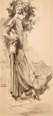 John Lagatta "Donna con ombrello", 1925 china, acquerello e carboncino su...