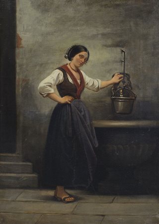 ANONIMO LOMBARDO XIX SECOLO Donna alla fonte, (1850) olio su tela cm. 65x45.