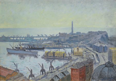 ROMEI GINO Bellinzona 1902 - Milano 1995Veduta del porto di Genova, 1942olio...