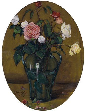 CAMPAJOLA ALFREDO Napoli 1873 - 1940Vaso con rose, 1933olio su tavola ovale...