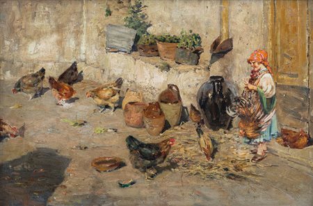 GIARDIELLO CARMINE Napoli 1871 - 1916Galline nel cortile, 1911olio su tela...