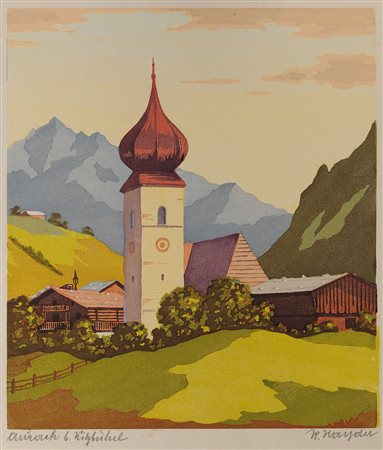 Richard Hayder Aurach presso Kitzbühel Xilografia a colori, 25x22 cm Firmata...