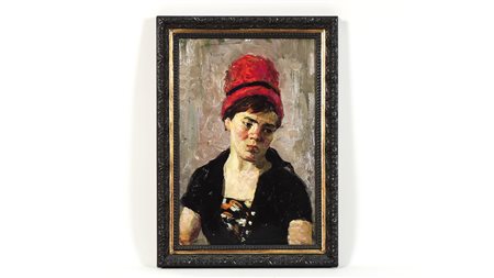 SCUOLA FRANCESE DELLA FINE DEL XIX Ritratto di donna con cappello rosso olio...