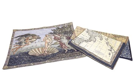 TRE ARAZZETTI raffiguranti l'antica mappa del mondo, l'antica mappa d'Italia...