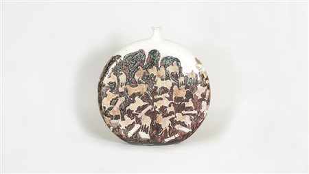 PAOLO STACCIOLI Vaso in ceramica policroma dipinto a lustro con cavalli,...