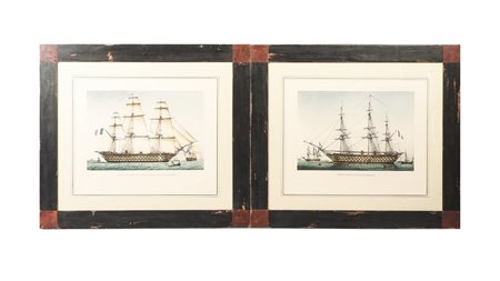 VELIERI COPPIA DI LITOGRAFIE, IN CORNICE cm 38,5x48 SAILING SHIPS, A PAIR OF...