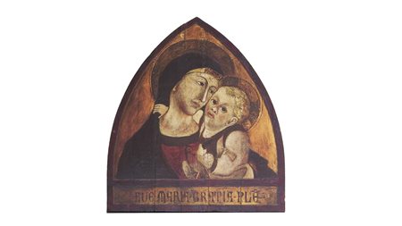 MADONNA CON BAMBINO olio su tavola cuspidata cm 61x54 MADONNA WITH CHILD, OIL...