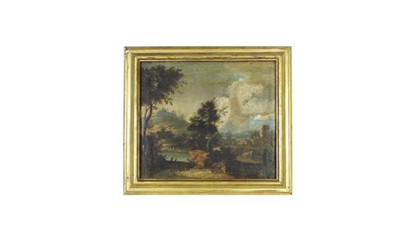 PAESAGGIO LACUSTRE XIX secolo olio su tela, in cornice cm 39,5x46 LANDSCAPE...