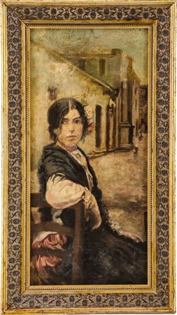 PITTORE NAPOLETANO OLIO su tela "popolana seduta in un vicolo". XIX secolo...