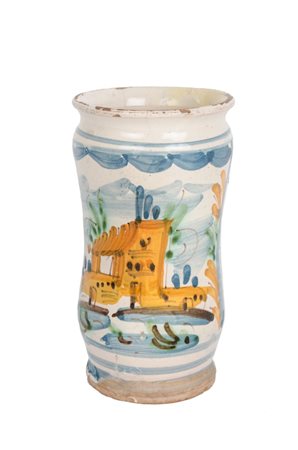 PICCOLO ALBARELLO in ceramica smaltata e decorata "paesaggio con castello"....