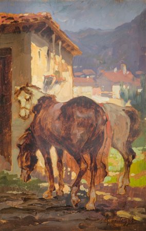 GIUSEPPE GHEDUZZI (Bologna 1889 - Torino 1957) OLIO su tavoletta "cavalli"....