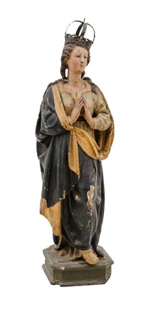 SCULTURA in legno policromo raffigurante "Madonna" con coroncina argento e...