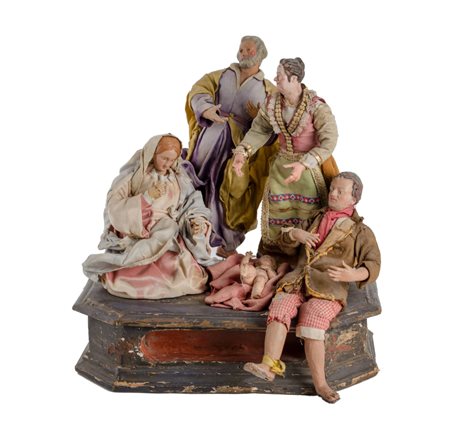 PRESEPE in terracotta decorata raffigurante "Madonna", "San Giuseppe",...