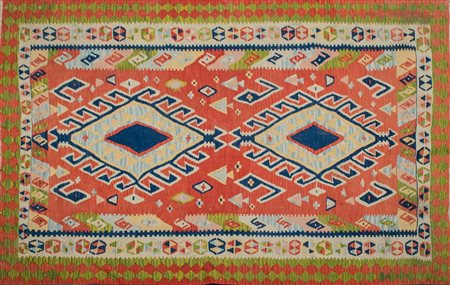 TAPPETO Kilim qashqai, trama e ordito in lana. Persia XX secolo Misure: cm...