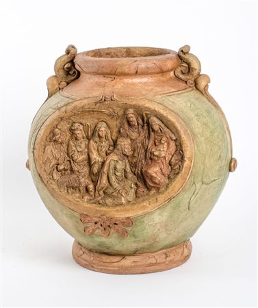 VASO in terracotta decorata con medaglione frontale intagliato raffigurante...