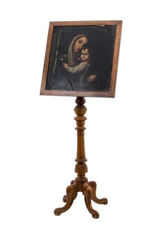 OLIO su lavagna raffigurante "Madonna con Bambino" (piedistallo h cm 145)...