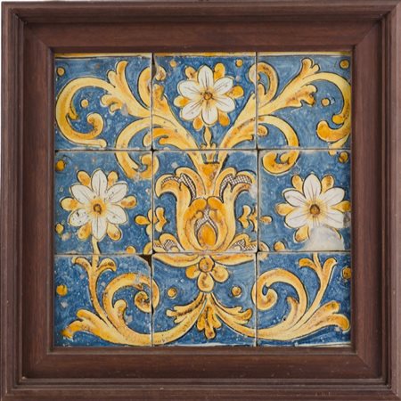 PANNELLO realizzato con nove MATTONELLE in maiolica smaltata. Caltagirone...